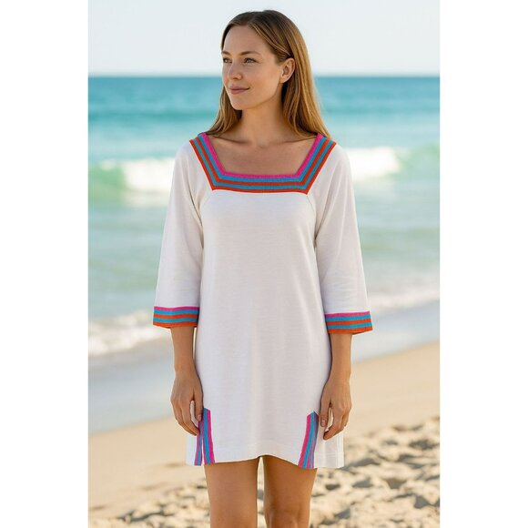 Boden Women's White Embroidered Trim Summer Dress Cover Up Size 14L Square Neck - Picture 1 of 7